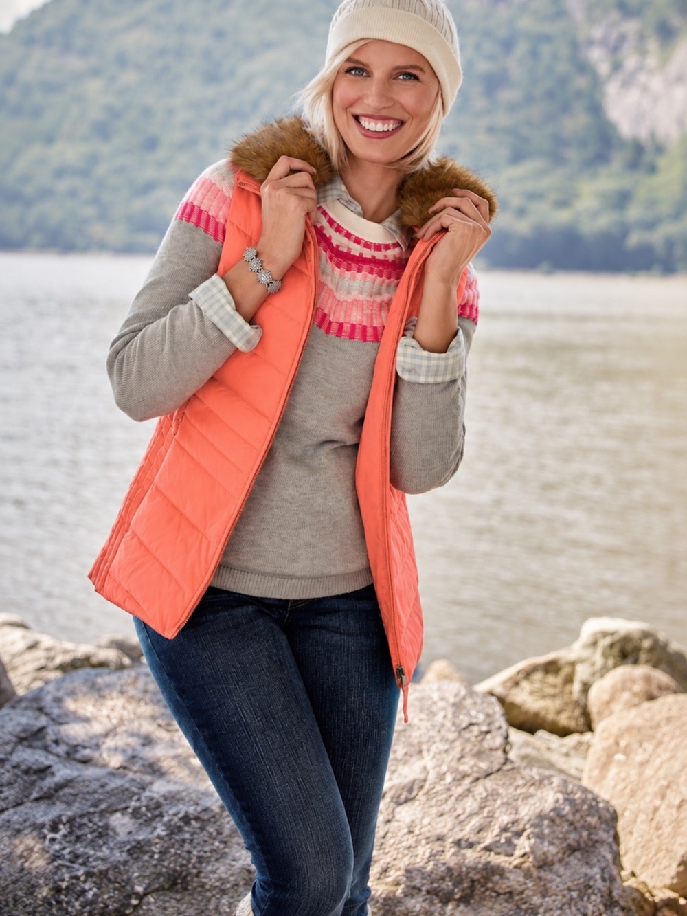 Talbots Faux Fur Collar Down Puffer Vest Quilted Preppy Coastal Grandma - Picture 4 of 9